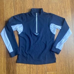 Girls Navy and white vented Tuffrider half zip top for horseback riding.